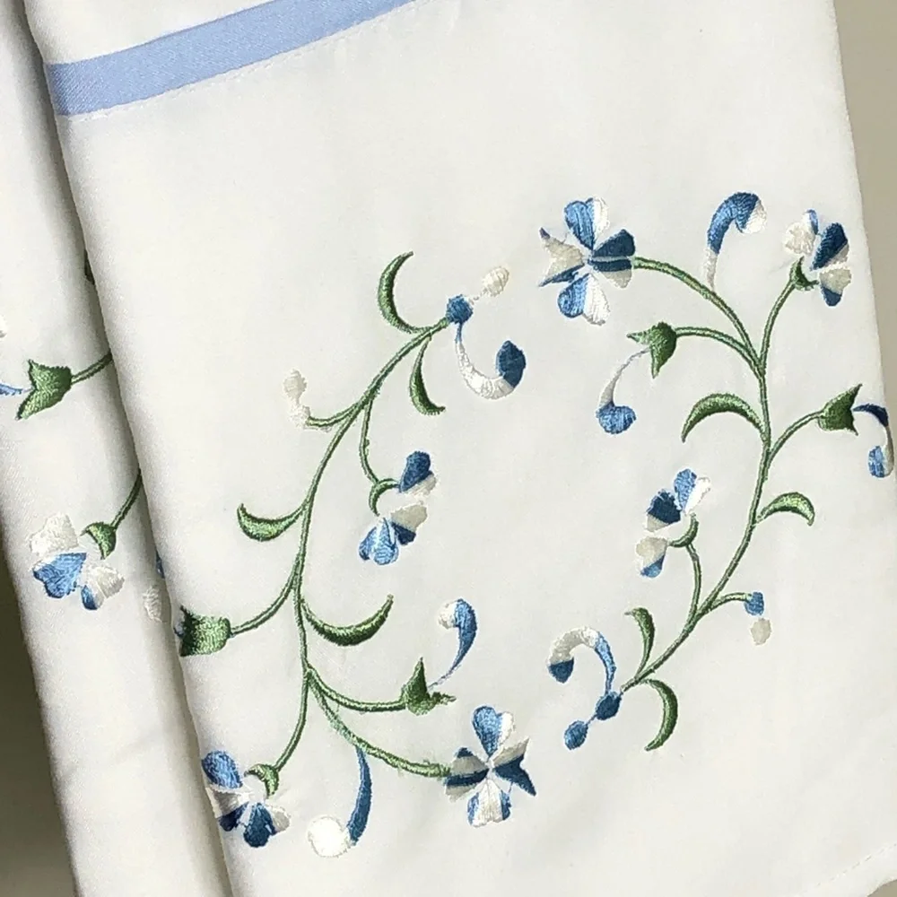 Violet Linen Elegante Pillow Cases Standard Size White- Blue Floral Embroidery